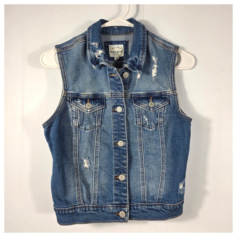 Wax Jean Distressed Denim Vest Medium Wash Blue Sleeveless Trucker Jacket Small
